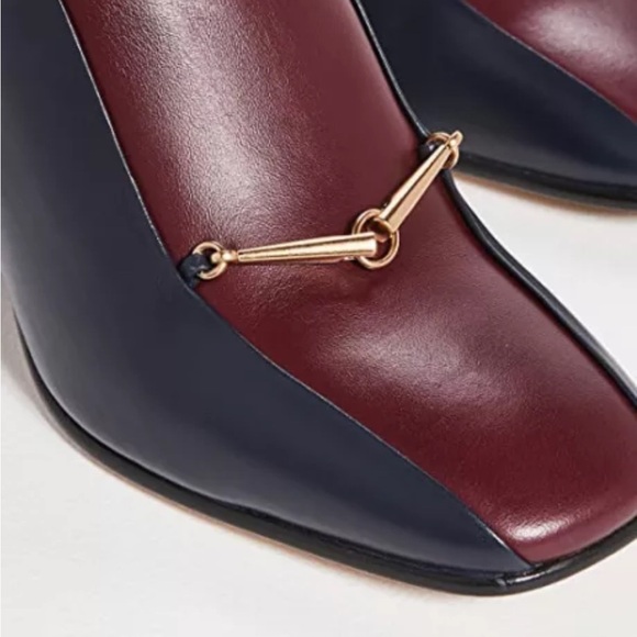 Tory Burch Equestrian Link Horse bit Navy Burgundy Leather Ankle Booties Sz 7 - Picture 3 of 16